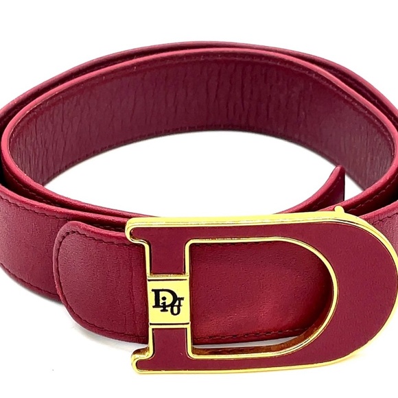 Auth Christian Dior Golden D Logo Buckle Burgundy Red Leather Belt - Picture 1 of 10
